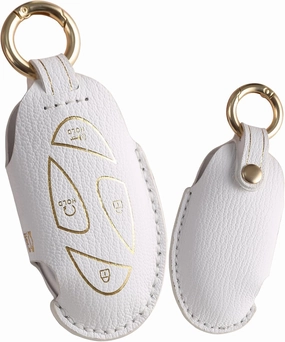 KUNIO Hand Sewn Leather Fit for Car Key Fob Cover 2023 2024 2025 Hyundai Ioniq 6 Grandeur GN7 KONA EV Keychain Key Holder Keyless Enter Key Protector Car Accessory Father's Day Gift 5 Button B White