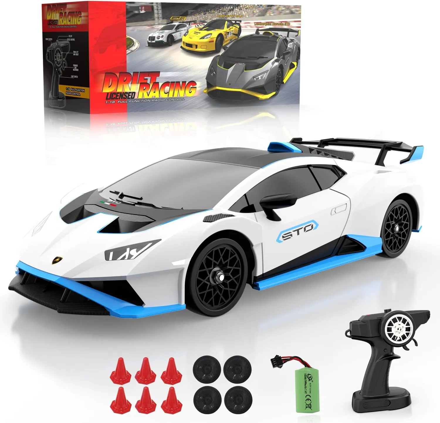 Lamborghini Remote Control Car, 1:18 Scale Official Licensed Lamborghini Toy Car, 2.4Ghz RC Drift Car Toys for Boys Age 6-8 4-6 8-12 Year Old Birthday Gift Ideas, Drift Race Cars (White)