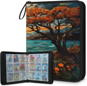 Landscape Painting 3 Ring Trading Zipper Binder Strap, Trading Card Binder 4 Pocket, 400 Pockets Card Holder with 50 Removable Sleeves for Game Cards
