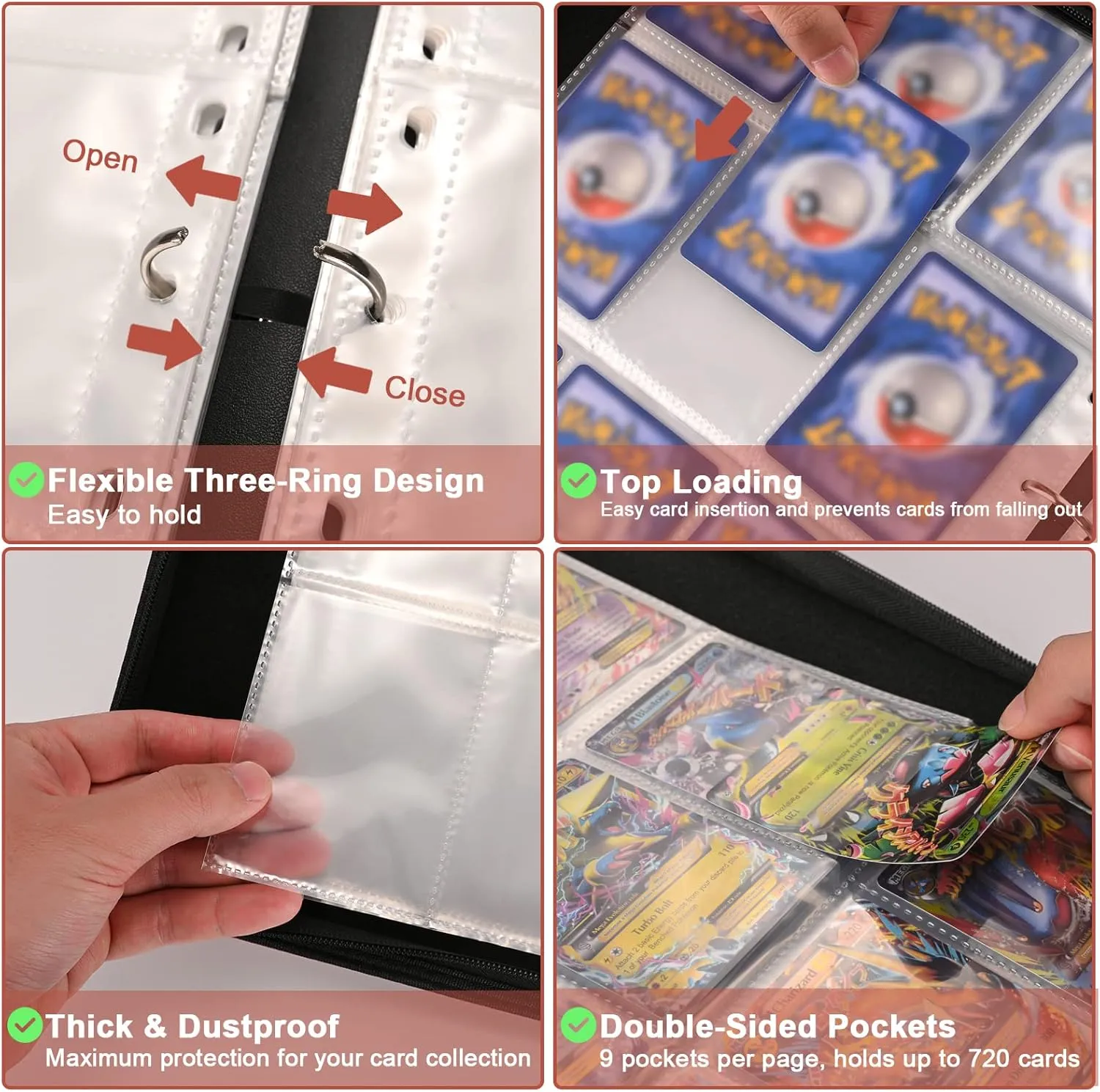 Laoppoc Sports Card Binder - 720 Pocket Double Sided Trading Card Holder, Ideal for Baseball/Football Cards, TCG Yugioh, 40 Removable Pages (9 Pocket Each)