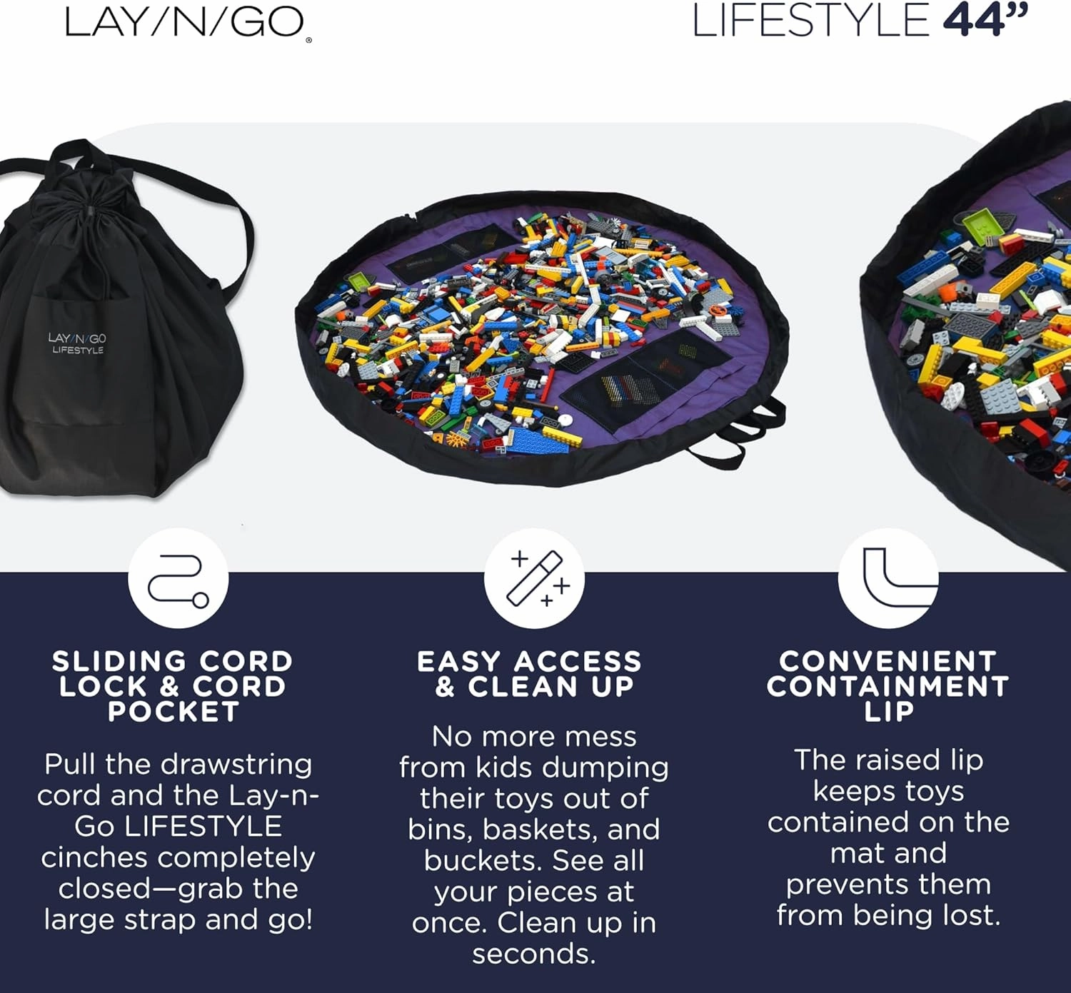 Lay-n-Go 2-in-1 Portable Drawstring Toys Storage Organizer and Play Mat for Room and Travel, Made for Kids and Toddlers with a Durable Patented Design
