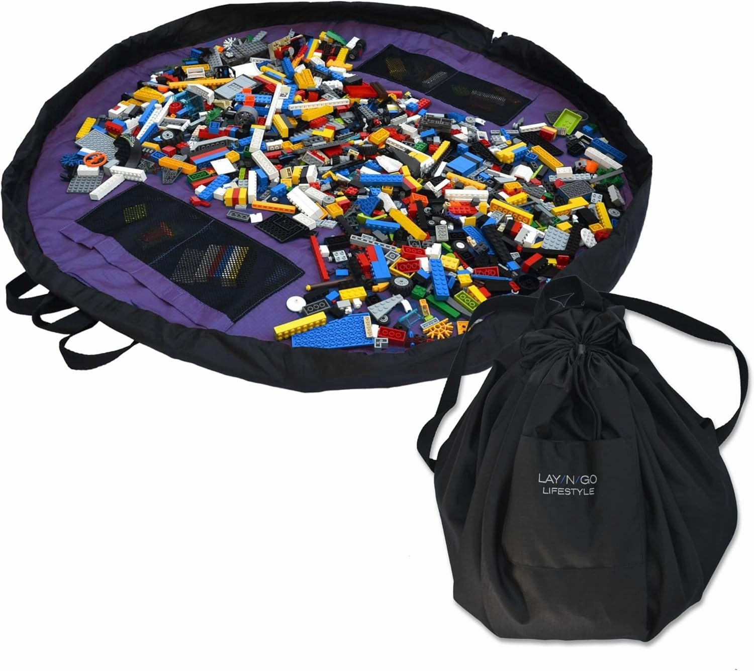 Lay-n-Go 2-in-1 Portable Drawstring Toys Storage Organizer and Play Mat for Room and Travel, Made for Kids and Toddlers with a Durable Patented Design