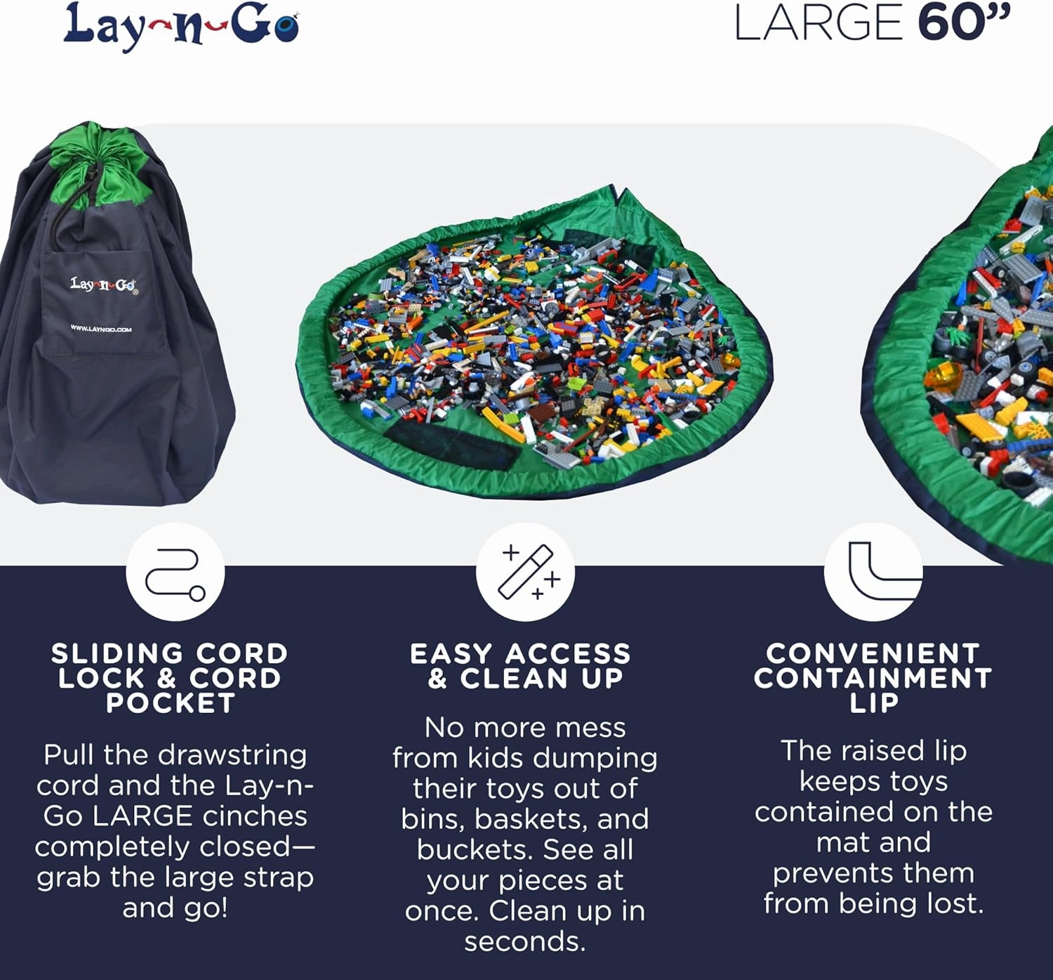 Lay-n-Go 2-in-1 Portable Drawstring Toys Storage Organizer and Play Mat for Room and Travel, Made for Kids and Toddlers with a Durable Patented Design