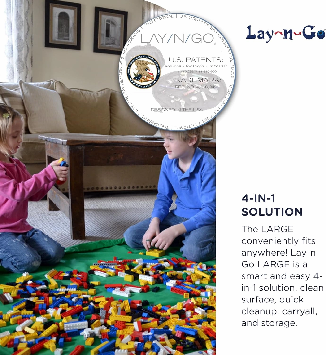Lay-n-Go 2-in-1 Portable Drawstring Toys Storage Organizer and Play Mat for Room and Travel, Made for Kids and Toddlers with a Durable Patented Design