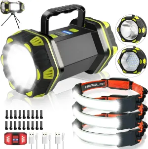 LED Headlamp, Portable Camping Lantern Flashlight Spotlight Emergency Light Searchlight Lamp, Rechargeable, Waterproof for Hiking Fishing Working Power Outages Hurricane
