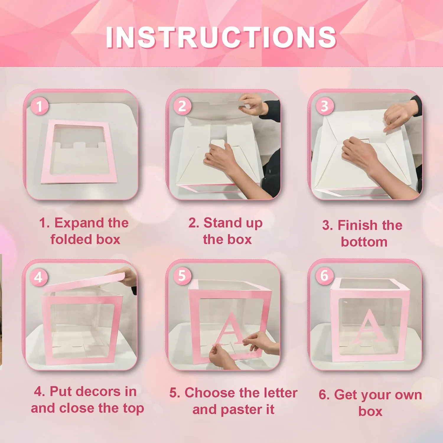 Ledido Baby Boxes with Letters for Baby Shower, Pink Clear Balloon Boxes with 43 Letters for Gender Reveal Wedding Birthday Party Decorations 4PCS