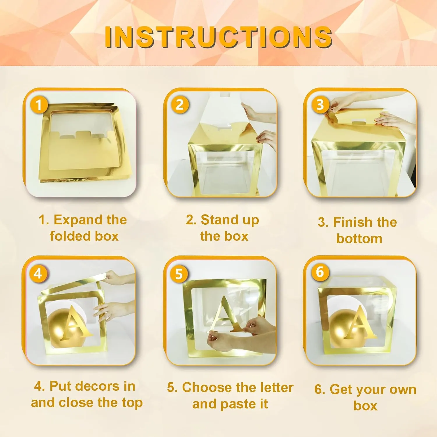 Ledido Gold Baby Boxes with Letters for Baby Shower, 4Pcs Clear Balloon Boxes with 43 Letters for Gender Reveal Birthday Wedding Baby Shower Decorations