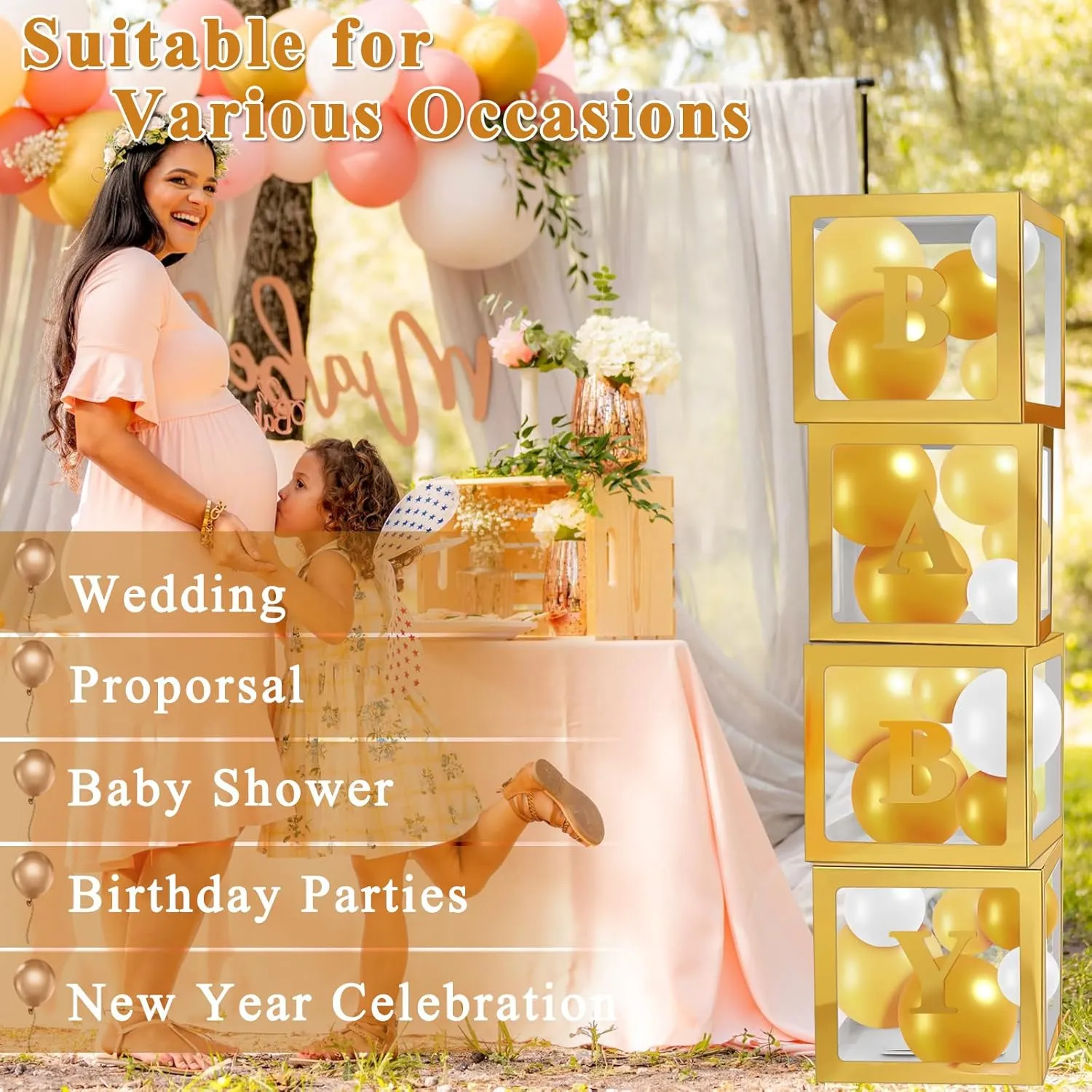 Ledido Gold Baby Boxes with Letters for Baby Shower, 4Pcs Clear Balloon Boxes with 43 Letters for Gender Reveal Birthday Wedding Baby Shower Decorations