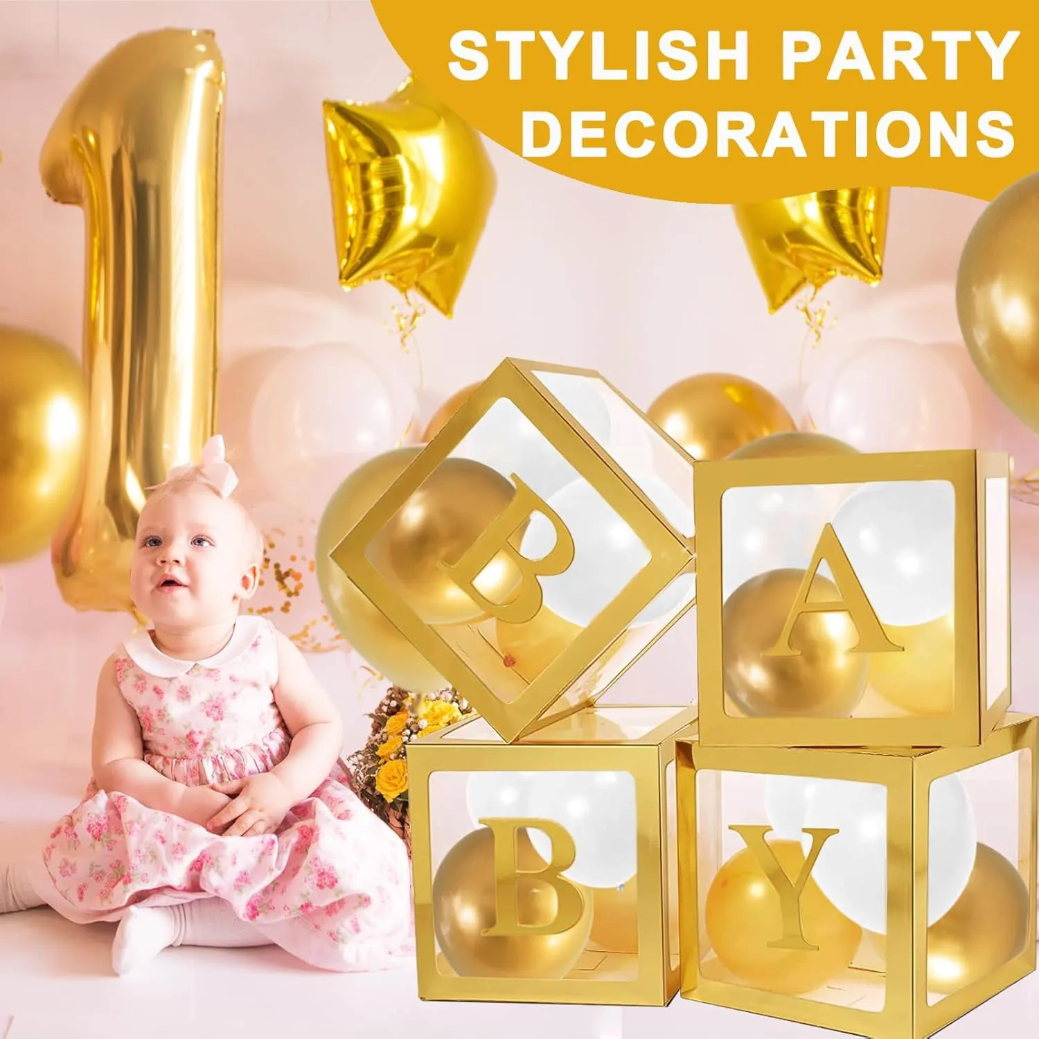 Ledido Gold Baby Boxes with Letters for Baby Shower, 4Pcs Clear Balloon Boxes with 43 Letters for Gender Reveal Birthday Wedding Baby Shower Decorations