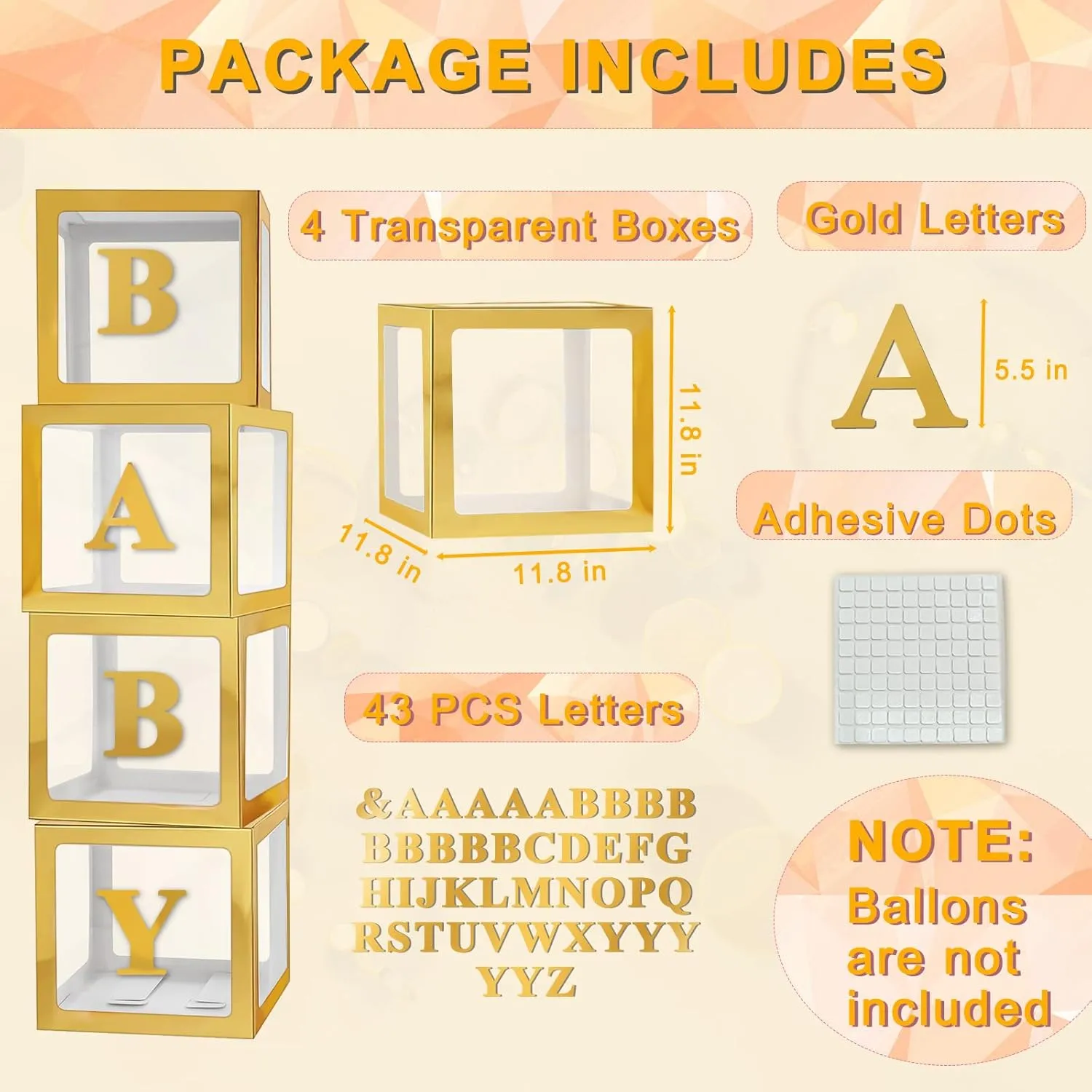 Ledido Gold Baby Boxes with Letters for Baby Shower, 4Pcs Clear Balloon Boxes with 43 Letters for Gender Reveal Birthday Wedding Baby Shower Decorations