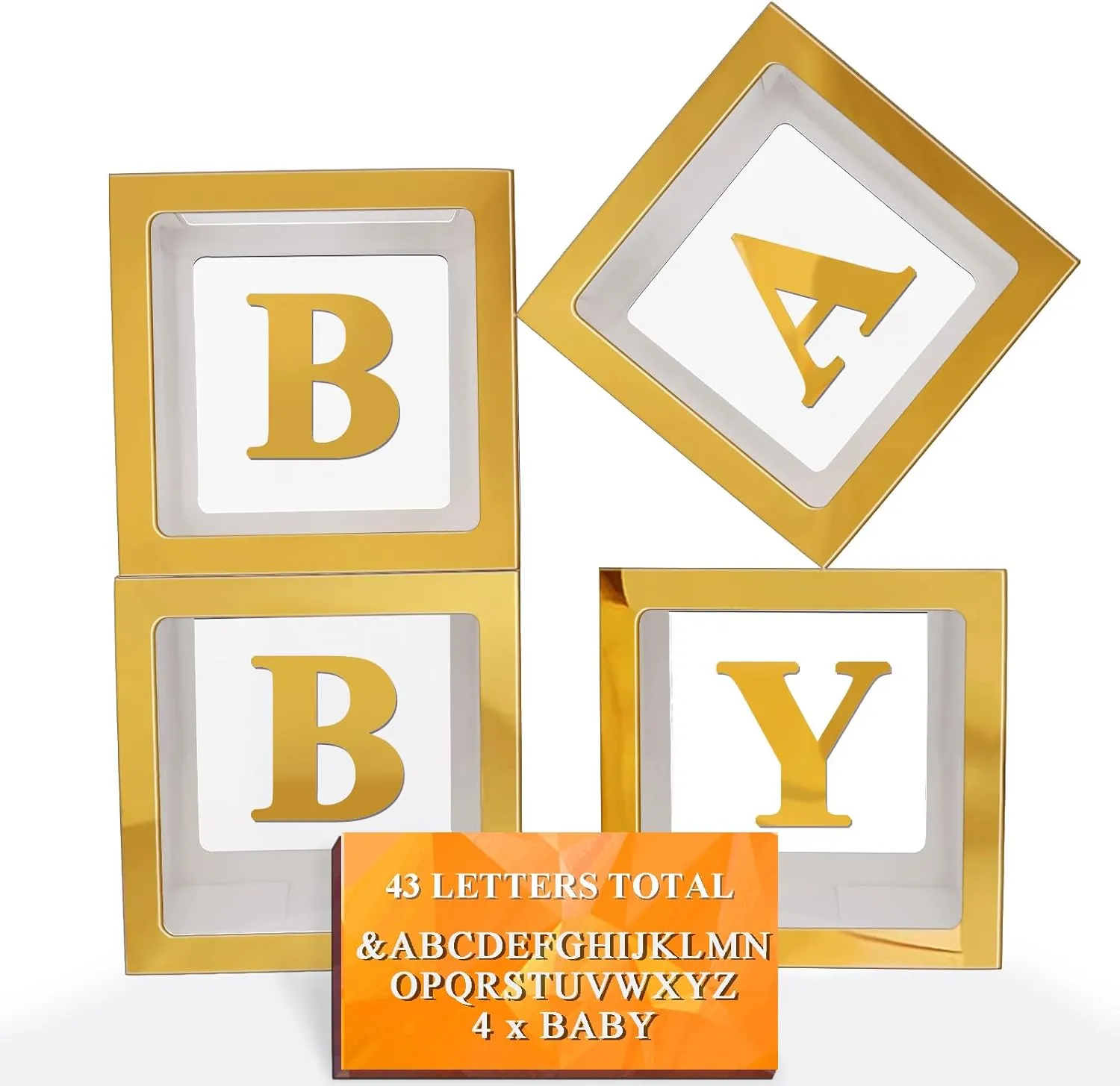 Ledido Gold Baby Boxes with Letters for Baby Shower, 4Pcs Clear Balloon Boxes with 43 Letters for Gender Reveal Birthday Wedding Baby Shower Decorations