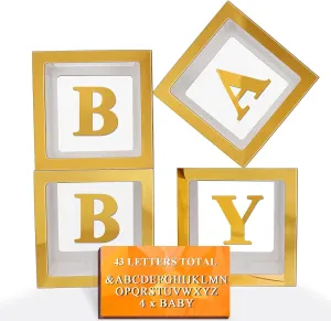 Ledido Gold Baby Boxes with Letters for Baby Shower, 4Pcs Clear Balloon Boxes with 43 Letters for Gender Reveal Birthday Wedding Baby Shower Decorations