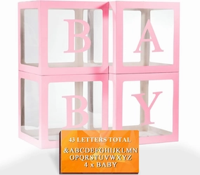 Ledido Baby Boxes with Letters for Baby Shower, Pink Clear Balloon Boxes with 43 Letters for Gender Reveal Wedding Birthday Party Decorations 4PCS