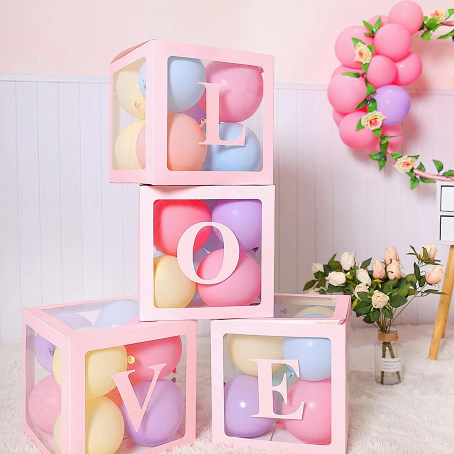 Ledido Baby Boxes with Letters for Baby Shower, Pink Clear Balloon Boxes with 43 Letters for Gender Reveal Wedding Birthday Party Decorations 4PCS