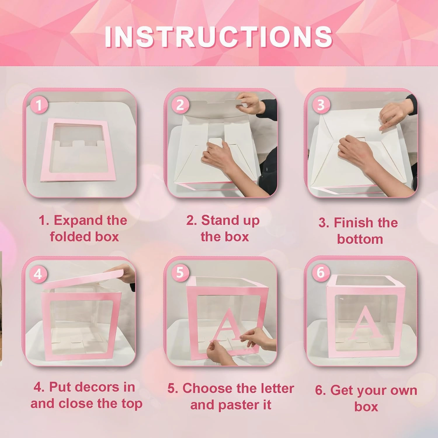 Ledido Baby Boxes with Letters for Baby Shower, Pink Clear Balloon Boxes with 43 Letters for Gender Reveal Wedding Birthday Party Decorations 4PCS