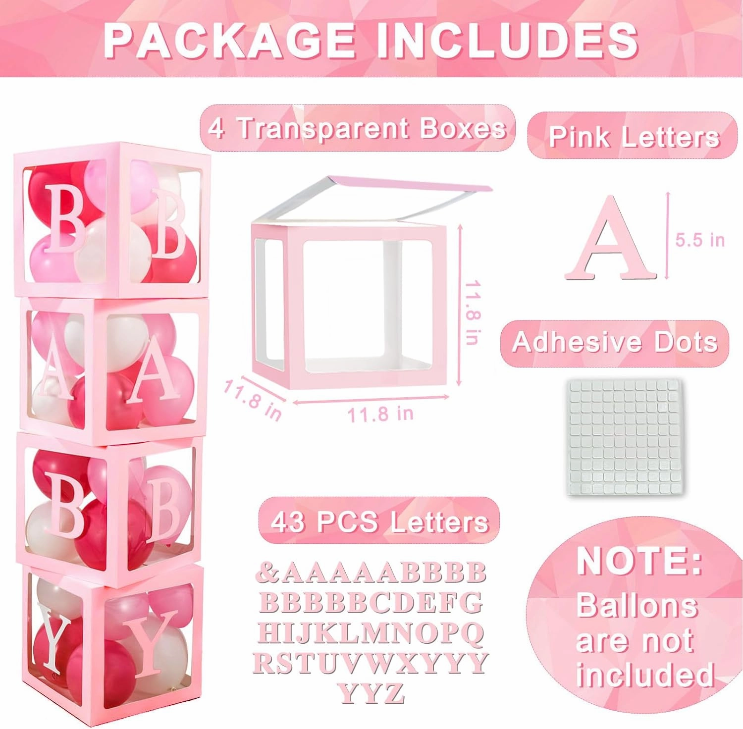 Ledido Baby Boxes with Letters for Baby Shower, Pink Clear Balloon Boxes with 43 Letters for Gender Reveal Wedding Birthday Party Decorations 4PCS