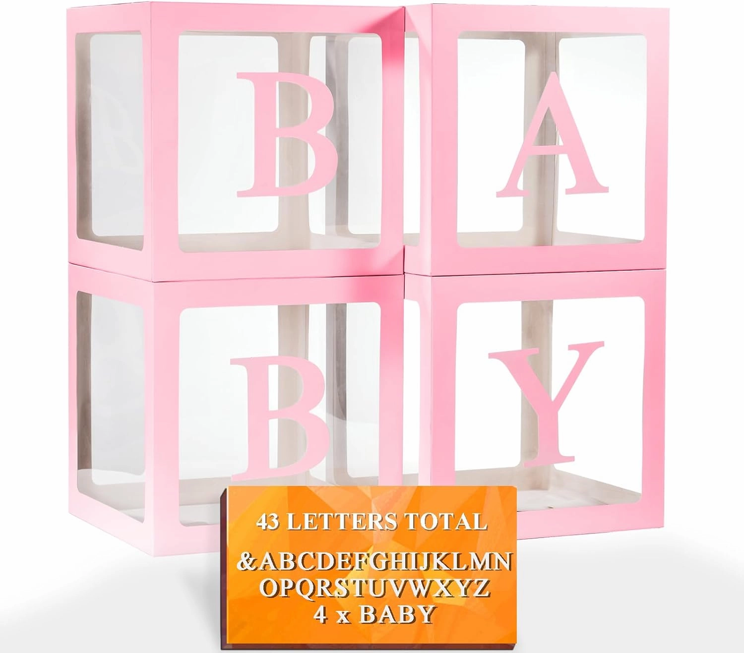 Ledido Baby Boxes with Letters for Baby Shower, Pink Clear Balloon Boxes with 43 Letters for Gender Reveal Wedding Birthday Party Decorations 4PCS