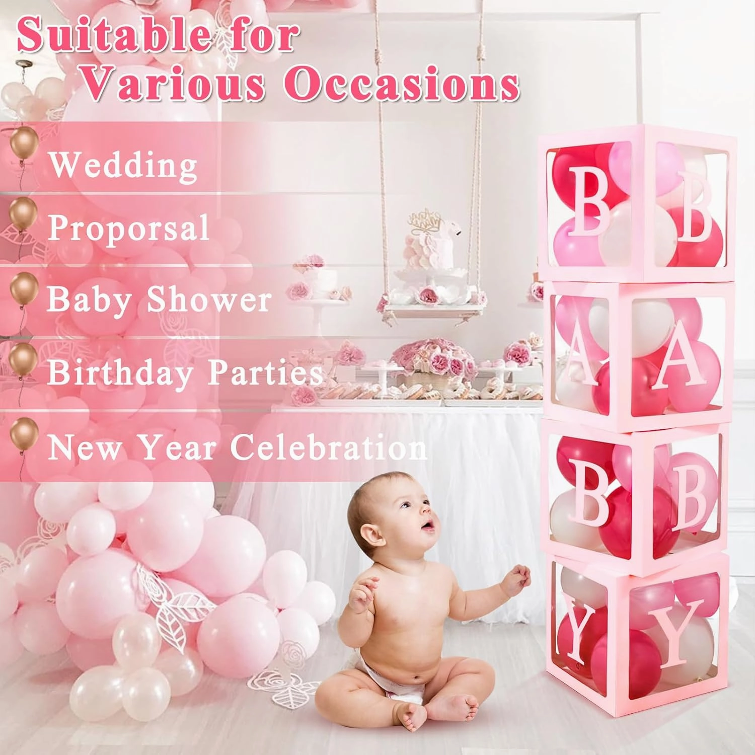 Ledido Baby Boxes with Letters for Baby Shower, Pink Clear Balloon Boxes with 43 Letters for Gender Reveal Wedding Birthday Party Decorations 4PCS