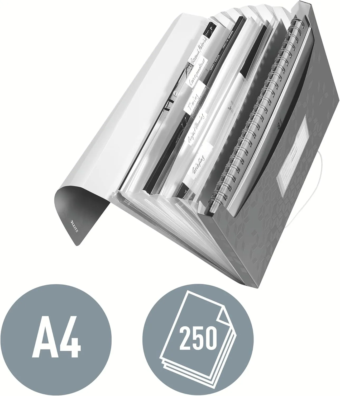 Leitz A4 Expanding File with 6 Compartments, Elastic Band Fastener, Black, WOW Range, 45890095