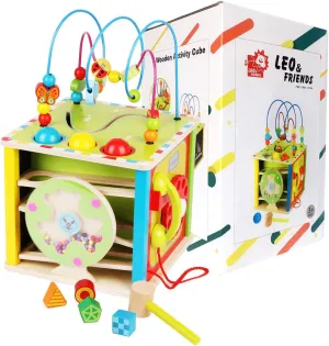 LEO & FRIENDS Large Activity Cube 5 in 1 Toys Baby Educational Wooden Bead Maze Shape Sorter Hammer Toy for Boy and Girl