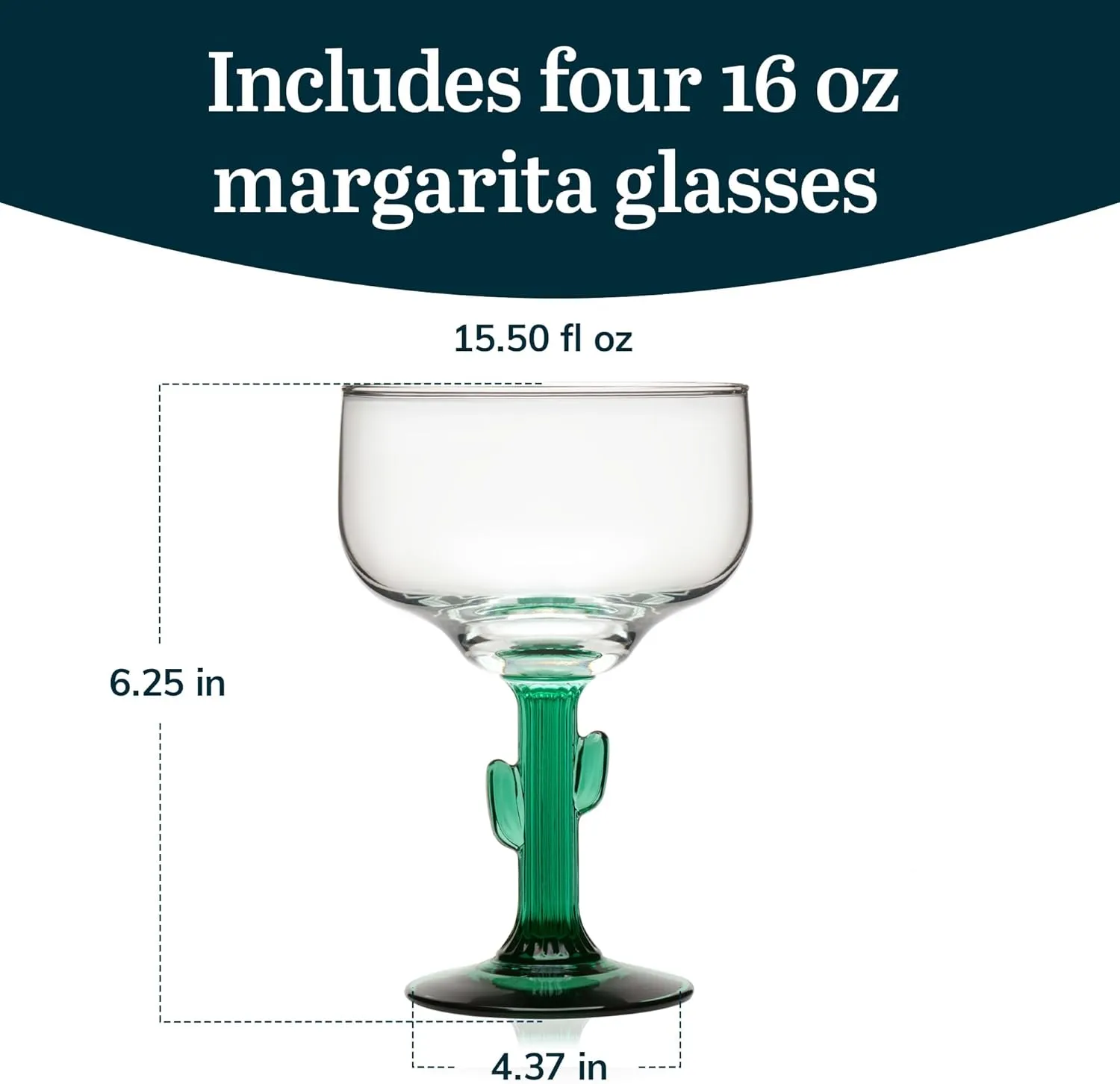 Libbey Cactus Margarita Glasses Set of 4, Durable Green Stemmed Cocktail Glasses, Lead-Free Cactus Glassware, Unique Plant Themed Frozen Margarita Glasses, 16-Ounce