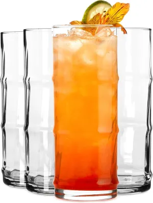 Libbey Tiki Bamboo Highball Drinking Glasses,Iconic 16 Oz Tall Cocktail Glasses Set of 4,Modern Highball Cocktail Glasses