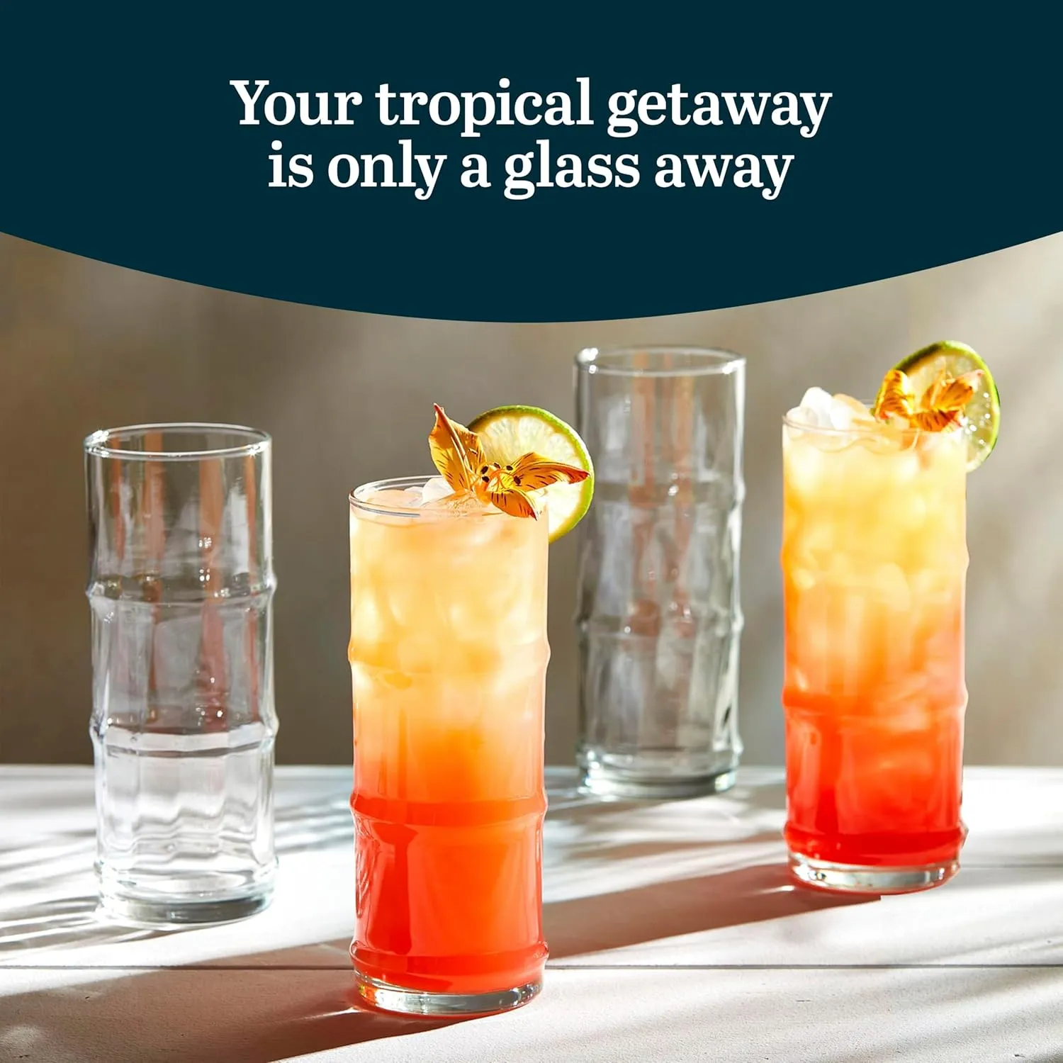 Libbey Tiki Bamboo Highball Drinking Glasses,Iconic 16 Oz Tall Cocktail Glasses Set of 4,Modern Highball Cocktail Glasses