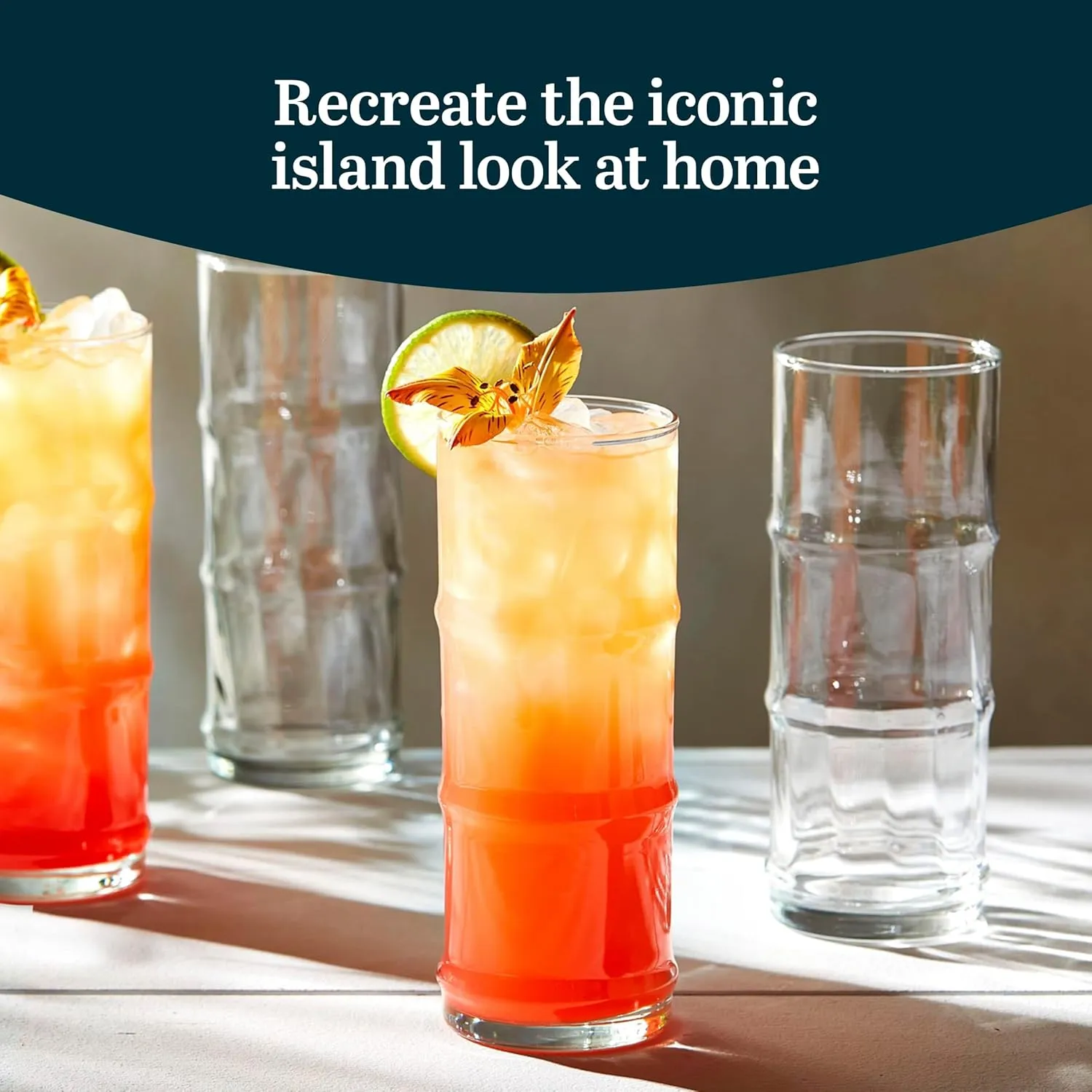 Libbey Tiki Bamboo Highball Drinking Glasses,Iconic 16 Oz Tall Cocktail Glasses Set of 4,Modern Highball Cocktail Glasses