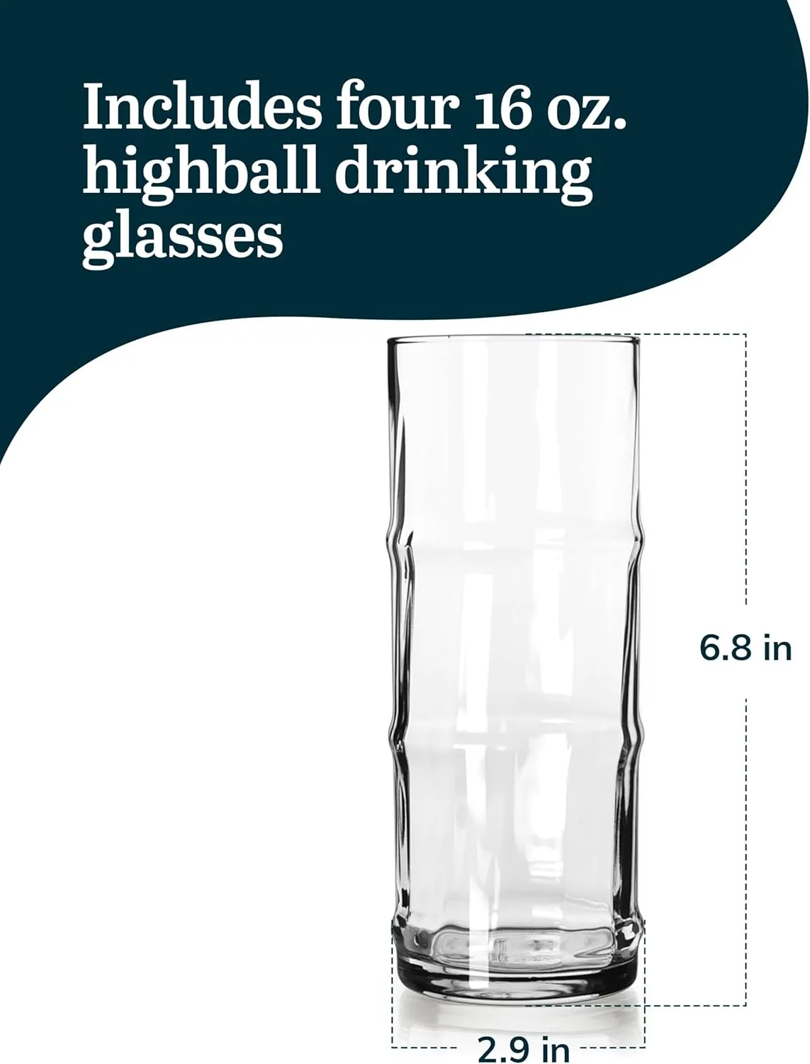 Libbey Tiki Bamboo Highball Drinking Glasses,Iconic 16 Oz Tall Cocktail Glasses Set of 4,Modern Highball Cocktail Glasses