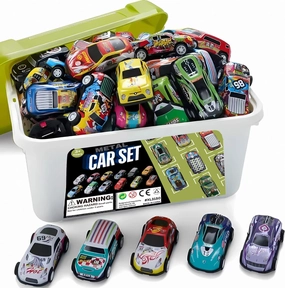 Liberty Imports 50-Pack Pull Back Cars for Kids, 1:64 Scale Mini Car Toys Bulk Metal Race Vehicles in Storage Bucket - Party Favors Goodie Bag Stuffers Classroom Prizes for Boys Girls Toddlers