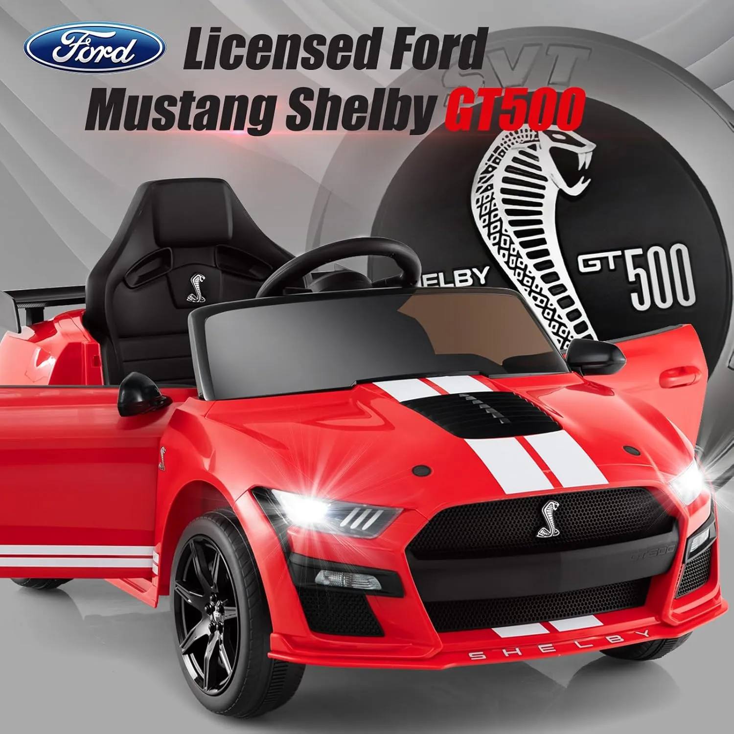 Licensed Ford Mustang GT500 Ride on Car for Kids by INFANS, Battery Powered Electric Vehicle with Remote Control, Headlight, Power Display, USB, Music, Electric Car for Kids to Drive Age 3  (Red)