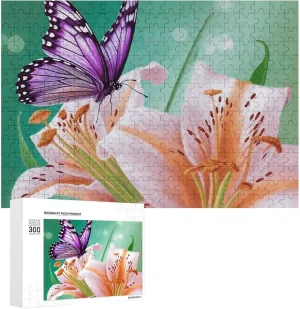 Lilies and Butterfly Puzzles 300 Pieces Personalized Jigsaw Puzzles Lilies and Butterfly Photo Puzzle Challenging Picture Puzzle for Adults Personaliz Jigsaw with Storage Bag (15.7" X 11")