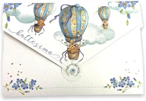LINA OFFICINE GRAFICHE CREATIVE Baby Christening Card, Christening Gift for Godmother and Godfather, with Money Bag Included, Label Close Envelope, 11 x 16 cm (Hot Air Balloon, Light Blue) 96-404