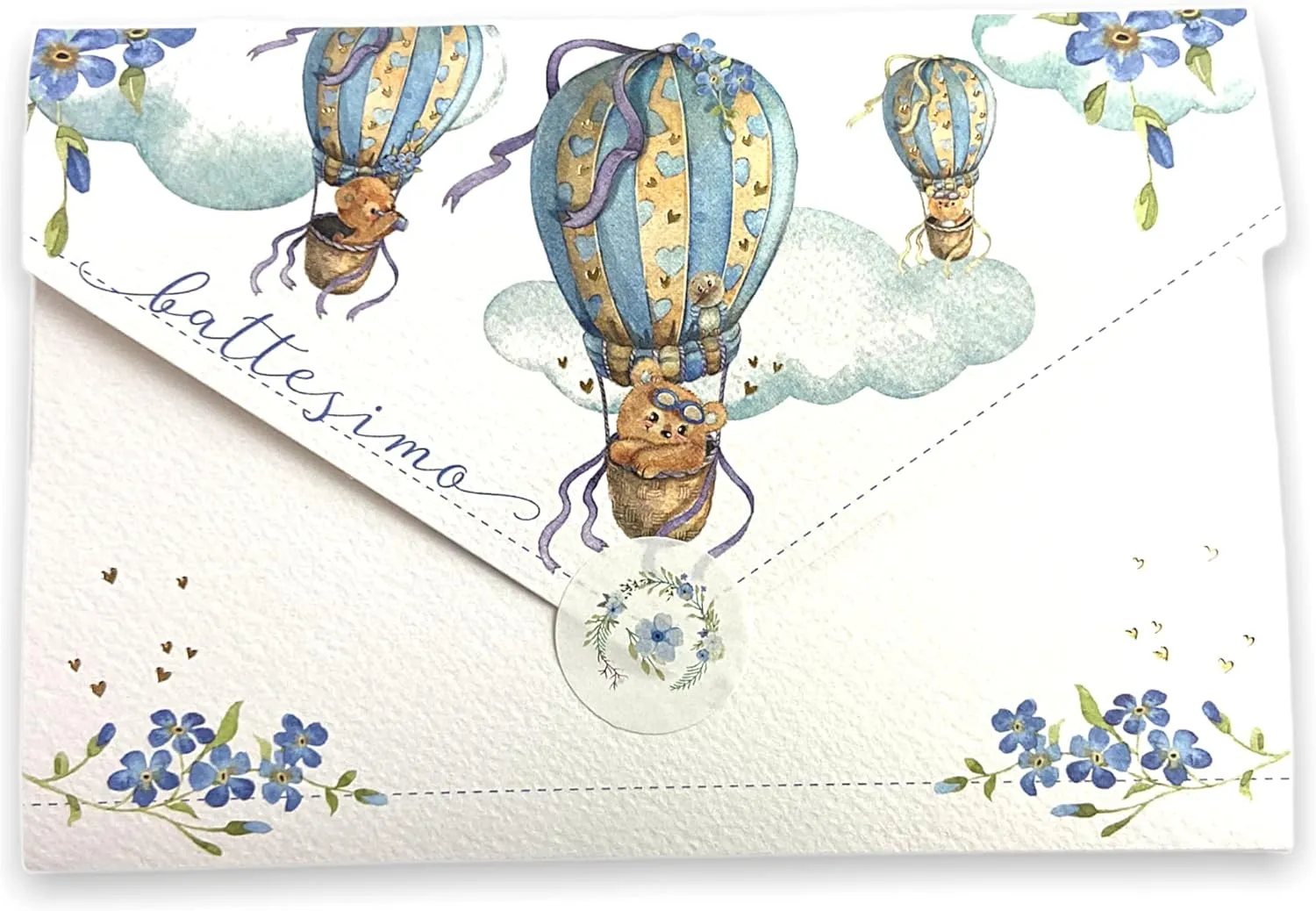LINA OFFICINE GRAFICHE CREATIVE Baby Christening Card, Christening Gift for Godmother and Godfather, with Money Bag Included, Label Close Envelope, 11 x 16 cm (Hot Air Balloon, Light Blue) 96-404