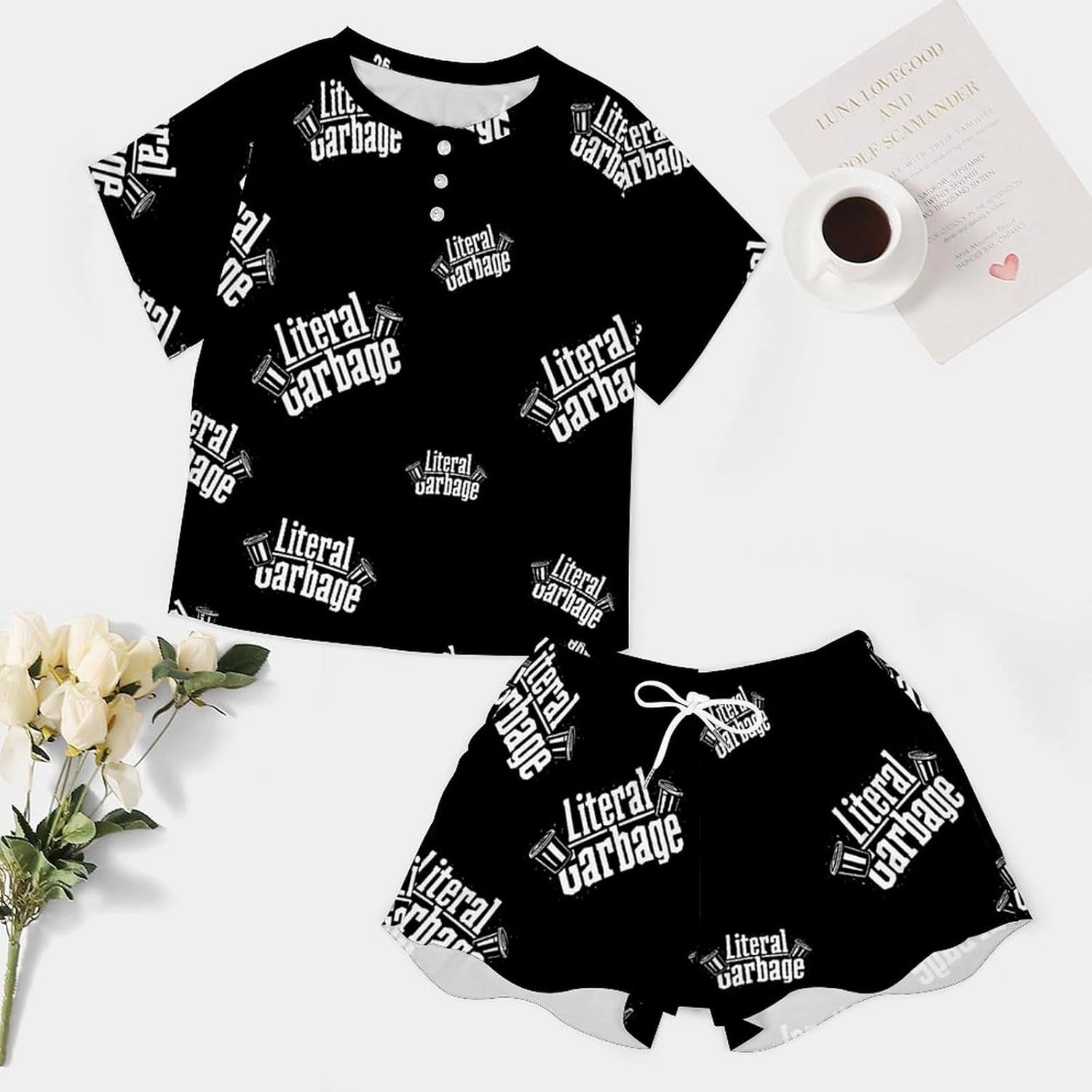 Literal Garbage Pajamas for Women Set Button Down Loungewear Short Sleeve Pjs Lounge Set Soft Comfy 2 Piece