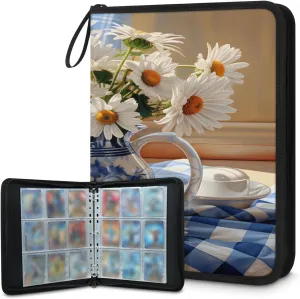 Little Blue Gingham Daisy 3 Ring Trading Zipper Binder Strap, Trading Card Binder 4 Pocket, 400 Pockets Card Holder with 50 Removable Sleeves for Game Cards