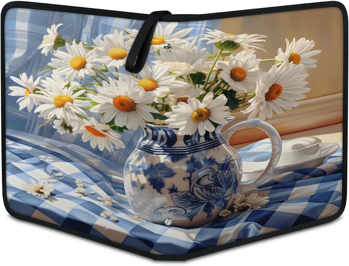 Little Blue Gingham Daisy 3 Ring Trading Zipper Binder Strap, Trading Card Binder 4 Pocket, 400 Pockets Card Holder with 50 Removable Sleeves for Game Cards