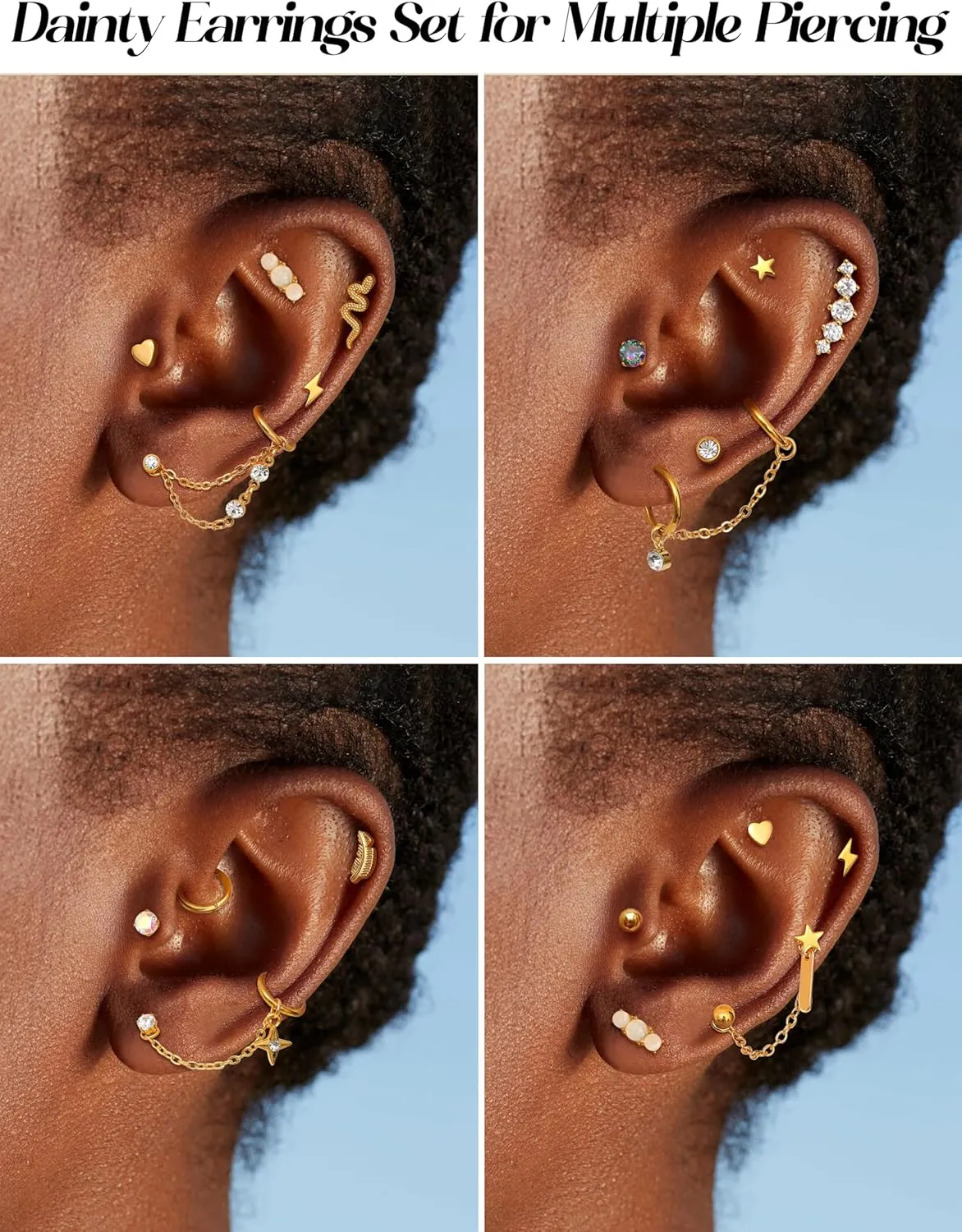 LOLIAS 20G Cartilage Earrings Set for Women Men Surgical Steel Helix Earrings Cute CZ Opal Star Heart Snake Small Hypoallergenic Flat Back Stud Earrings Hoop Chain Dangle Conch Daith Helix Tragus Cartilage Piercing Jewelry 33Pcs