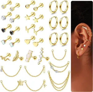 LOLIAS 20G Cartilage Earrings Set for Women Men Surgical Steel Helix Earrings Cute CZ Opal Star Heart Snake Small Hypoallergenic Flat Back Stud Earrings Hoop Chain Dangle Conch Daith Helix Tragus Cartilage Piercing Jewelry 33Pcs