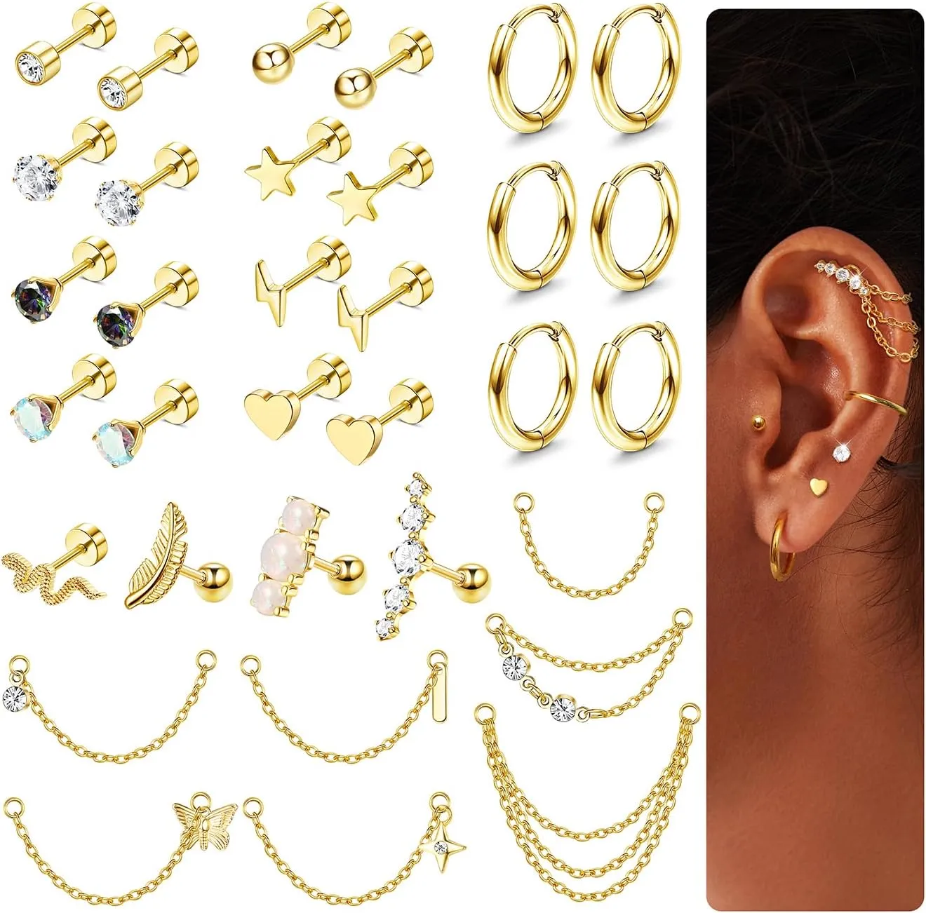 LOLIAS 20G Cartilage Earrings Set for Women Men Surgical Steel Helix Earrings Cute CZ Opal Star Heart Snake Small Hypoallergenic Flat Back Stud Earrings Hoop Chain Dangle Conch Daith Helix Tragus Cartilage Piercing Jewelry 33Pcs
