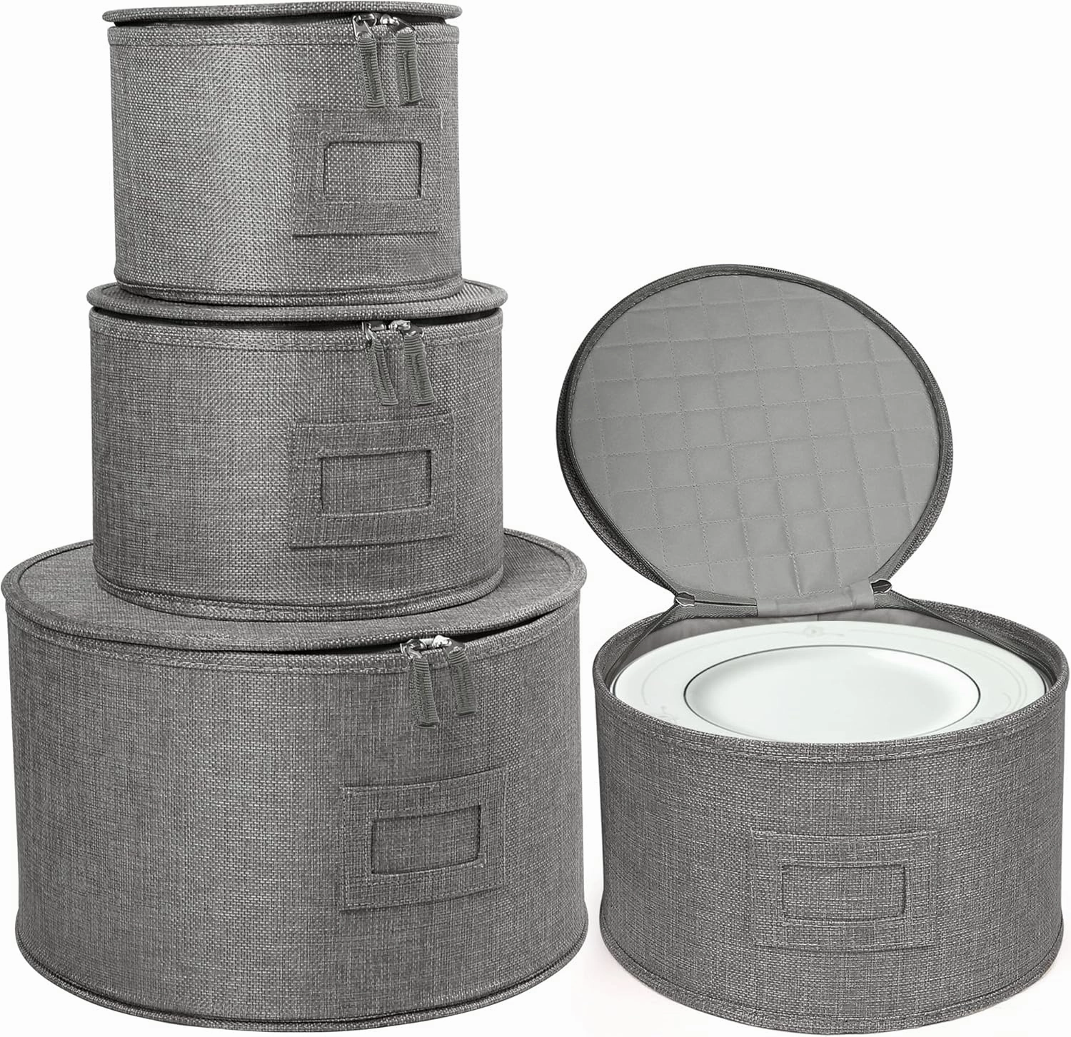LotFancy China Storage Containers, Hard Shell, 4PCS Set, Dish Storage Box for Moving, Stackable Dinnerware Plate Organizer Bins with 48 Felt Dividers, Grey