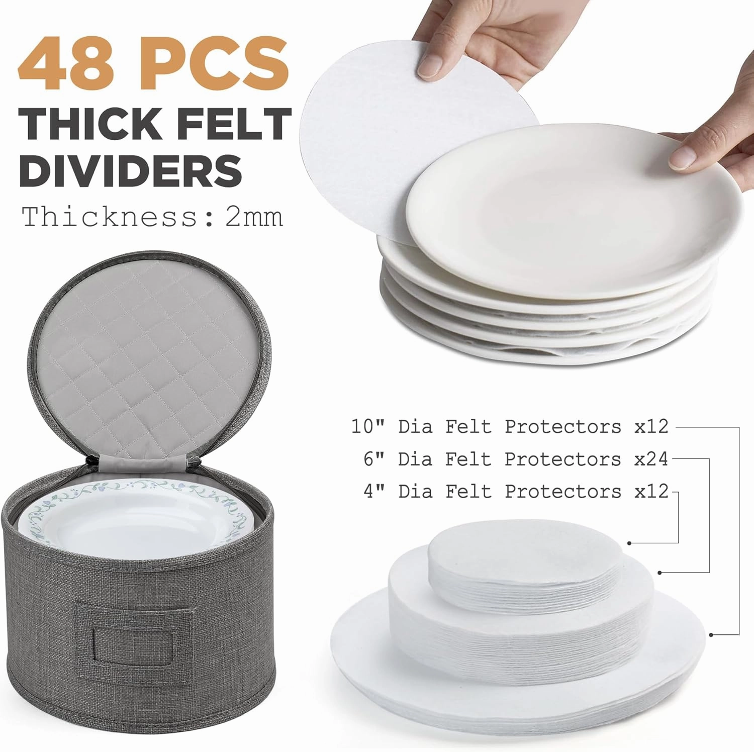 LotFancy China Storage Containers, Hard Shell, 4PCS Set, Dish Storage Box for Moving, Stackable Dinnerware Plate Organizer Bins with 48 Felt Dividers, Grey
