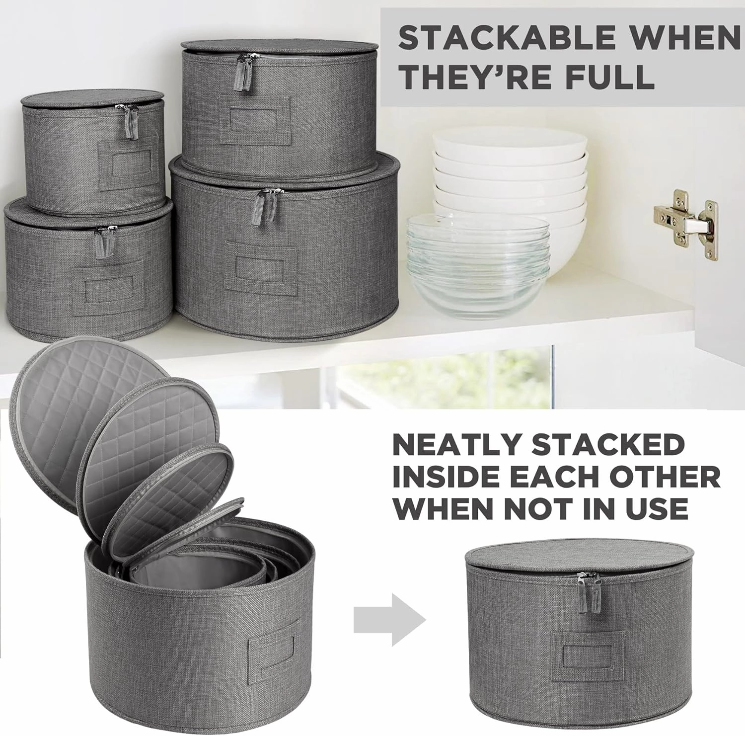 LotFancy China Storage Containers, Hard Shell, 4PCS Set, Dish Storage Box for Moving, Stackable Dinnerware Plate Organizer Bins with 48 Felt Dividers, Grey