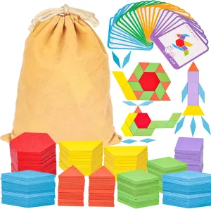 LovesTown Shapes Wooden Pattern Blocks for Kids,Learning Toys,Geometric with Activity Cards and Storage Bag, Educational Tangram Puzzles, 209 PCS
