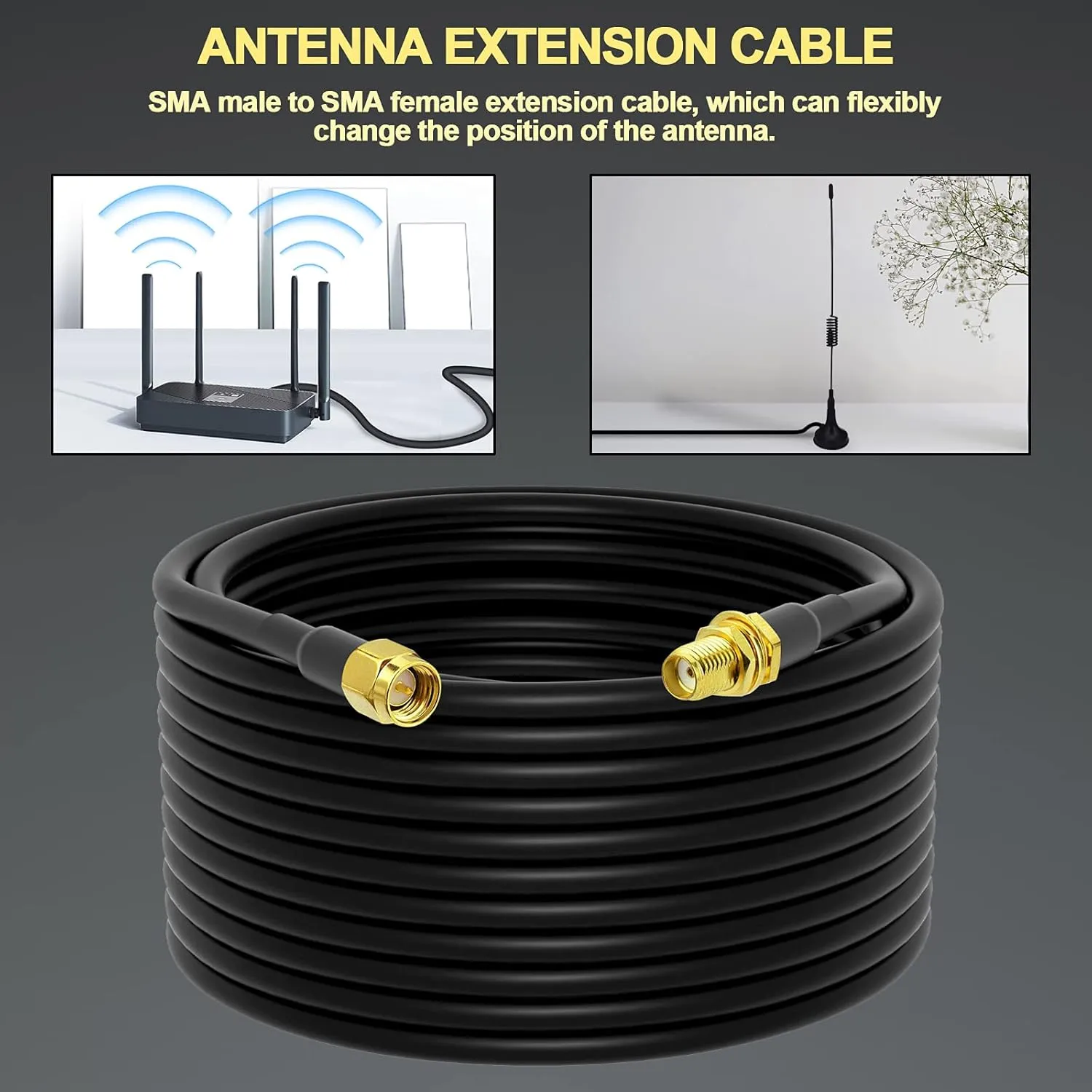 Low-Loss Coaxial Extension Cable 15-Meter(49.2 Ft) RG58 SMA Female to SMA Male WiFi Extension RF Connector and Two-Way Radio Applications Pure Copper Coax Cables 50 ohm RF Antenna Lead Extender