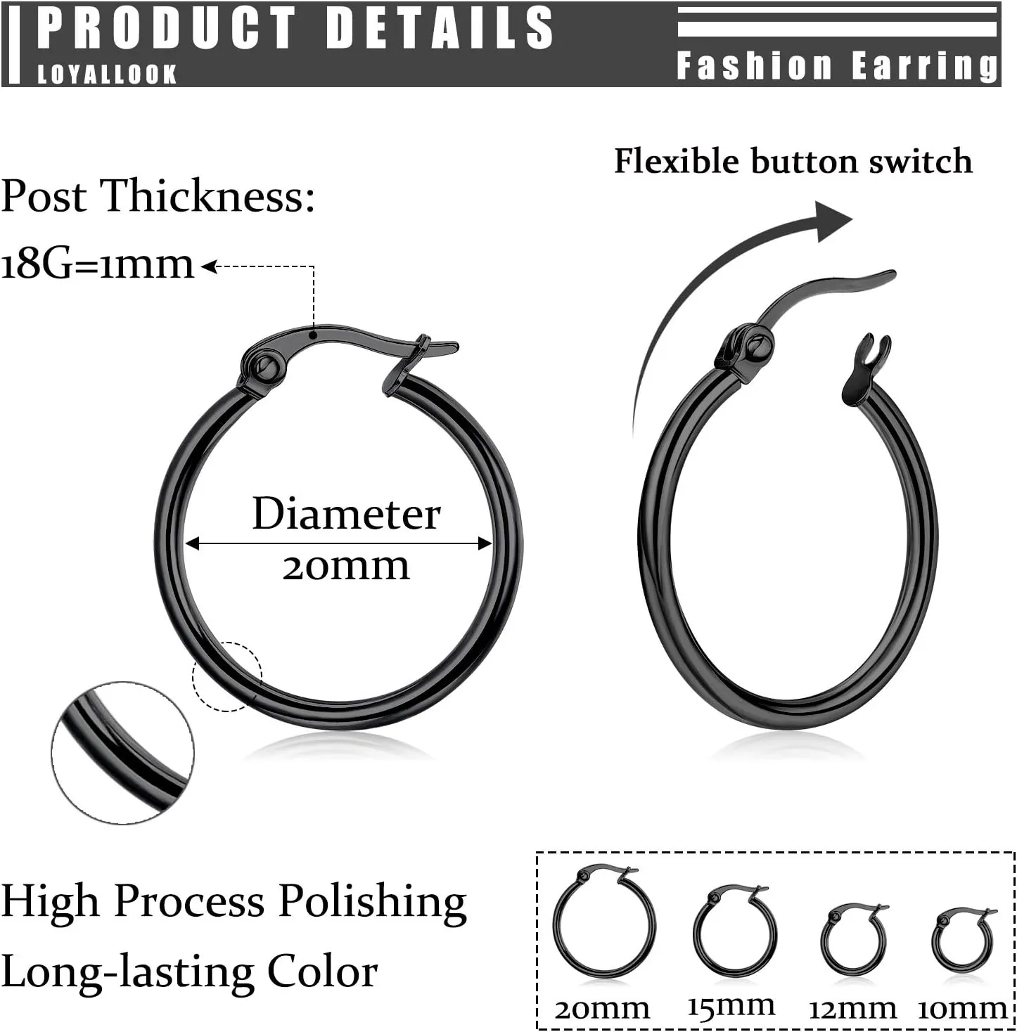 LOYALLOOK Gold Hoop Earrings Set Stainless Steel Rounded Small Hoop Earrings Set for Women Cute Huggie Earrings Nickel Free 10/12/15/20MM