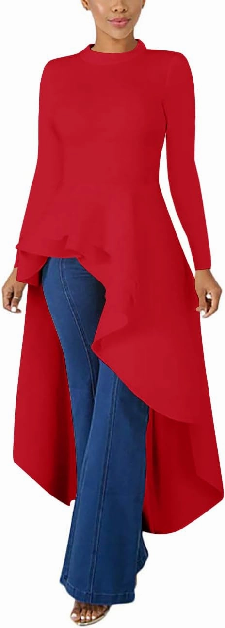 Lrady Womens Casual Shirt Dress High Low Ruffle Blouse Asymmetrical Peplum Tops Long Tunic Dresses