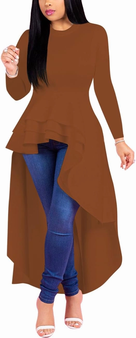 Lrady Womens Casual Shirt Dress High Low Ruffle Blouse Asymmetrical Peplum Tops Long Tunic Dresses