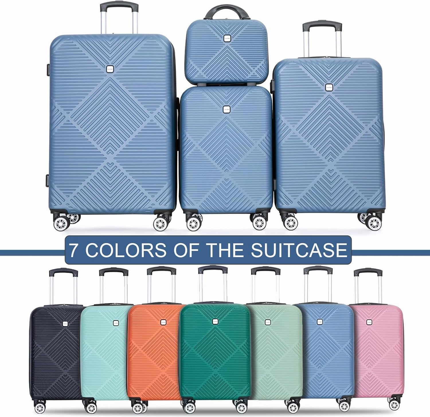 Luggage 4 Piece Set, Hardshell ABS Suitcase Set with Double Spinner Wheels, Lightweight Durable Large Luggage set, Carry On and Checked Travel Luggage, Blue