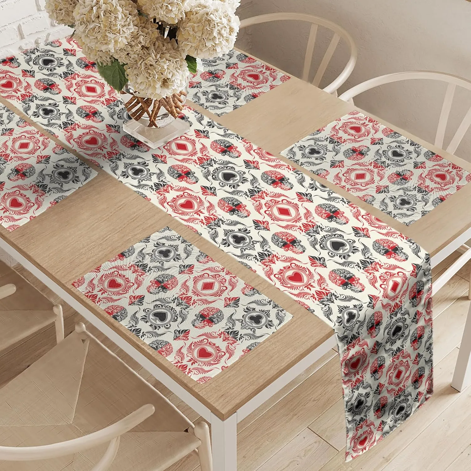 Lunarable Skull Table Runner & Placemats, Playing Card Themed Skeleton Head Ace of Spades Diamonds Hearts Victorian, Set for Dining Table Decor, Placemat 4 pcs   Runner 14"x72", Vermilion Black Cream